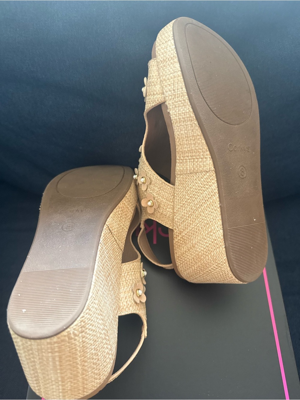 Corkys Tan Floral Pearl-Embellished Wedge Sandals sz8 - Picture 6 of 8